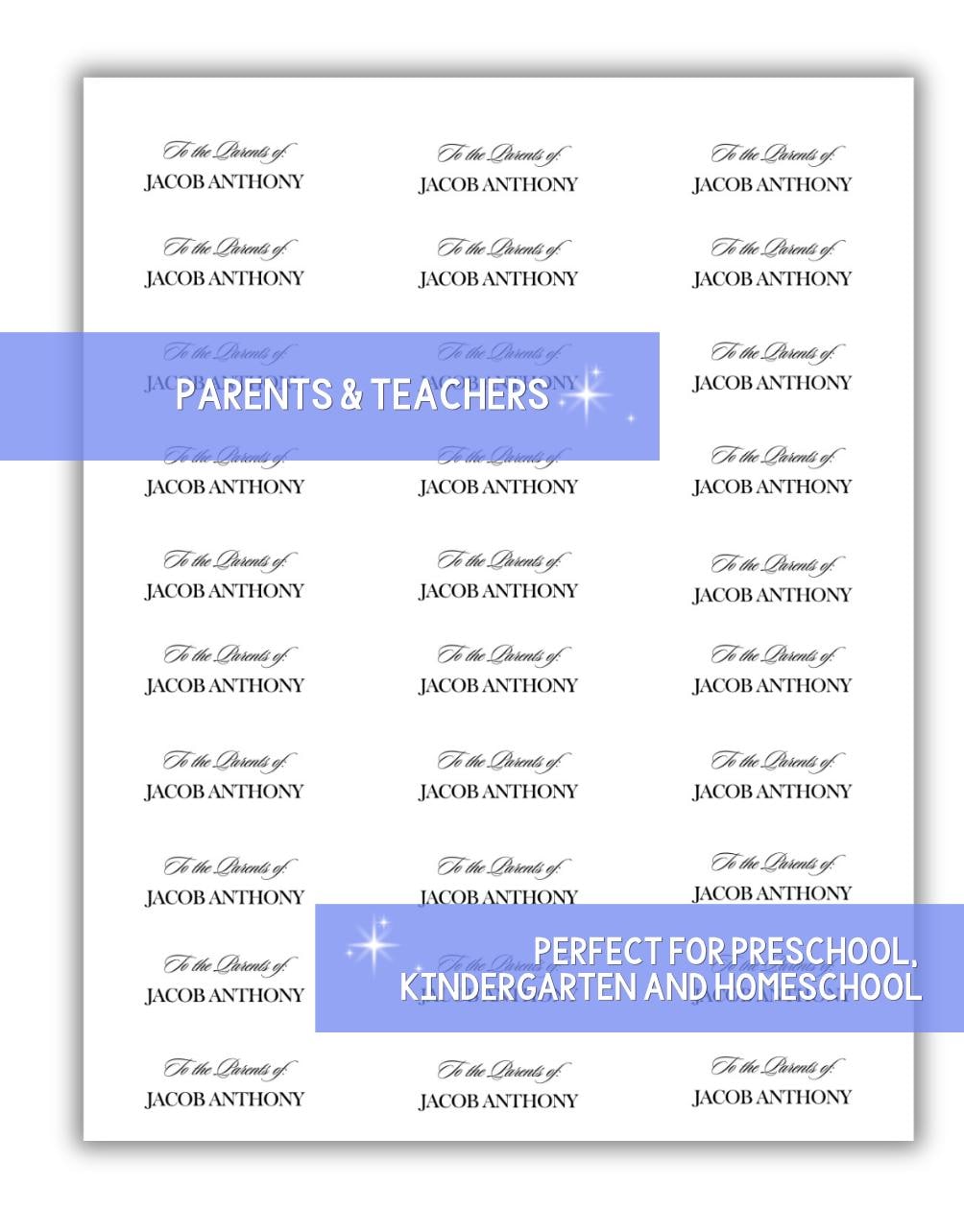 Printable Label Template, Parents & Teachers, Preschool, Kindergarten (Instant Download)